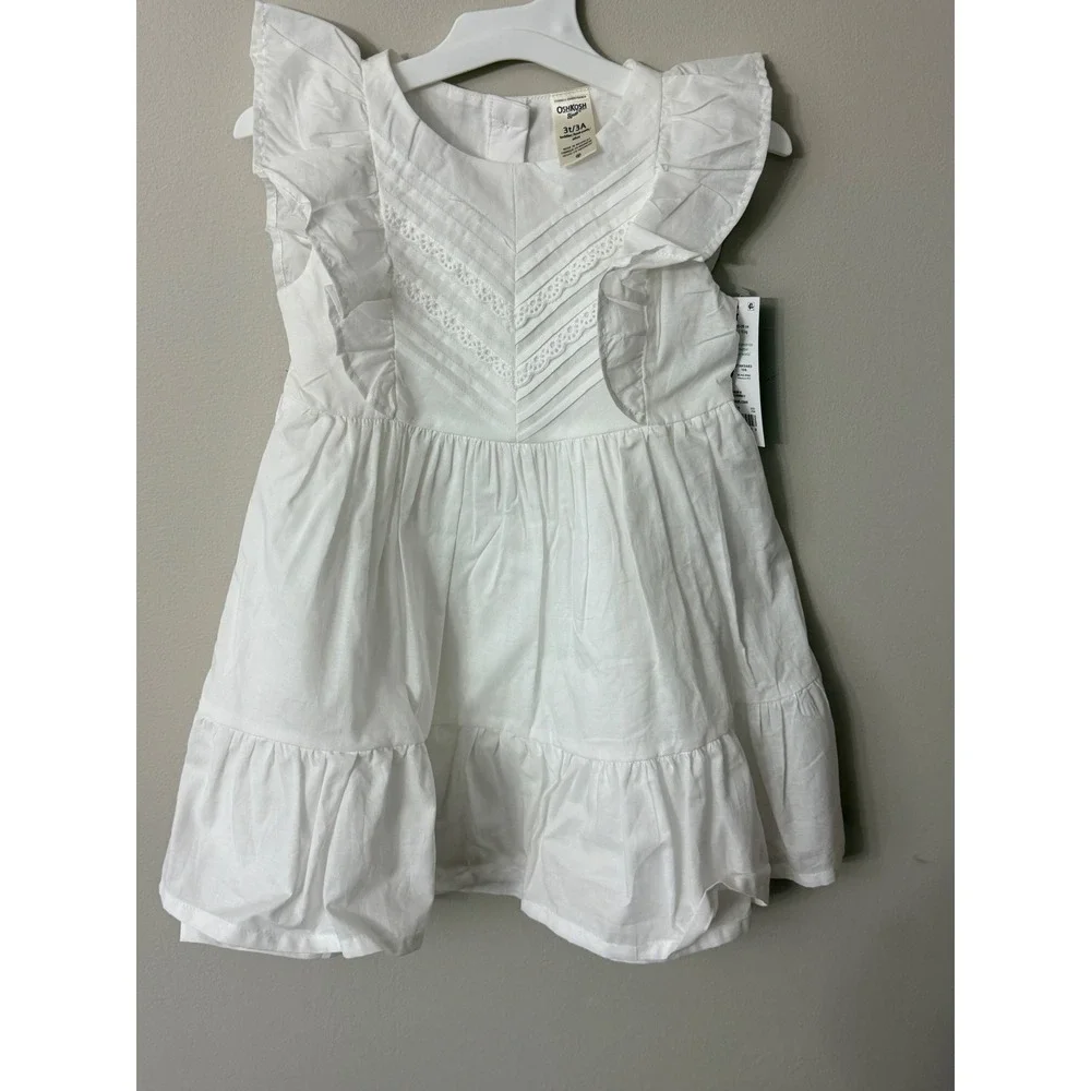 OshKosh B'gosh Ruffle Eyelet Dress Toddler 3T White Tiered Flutter Sleeve NWT